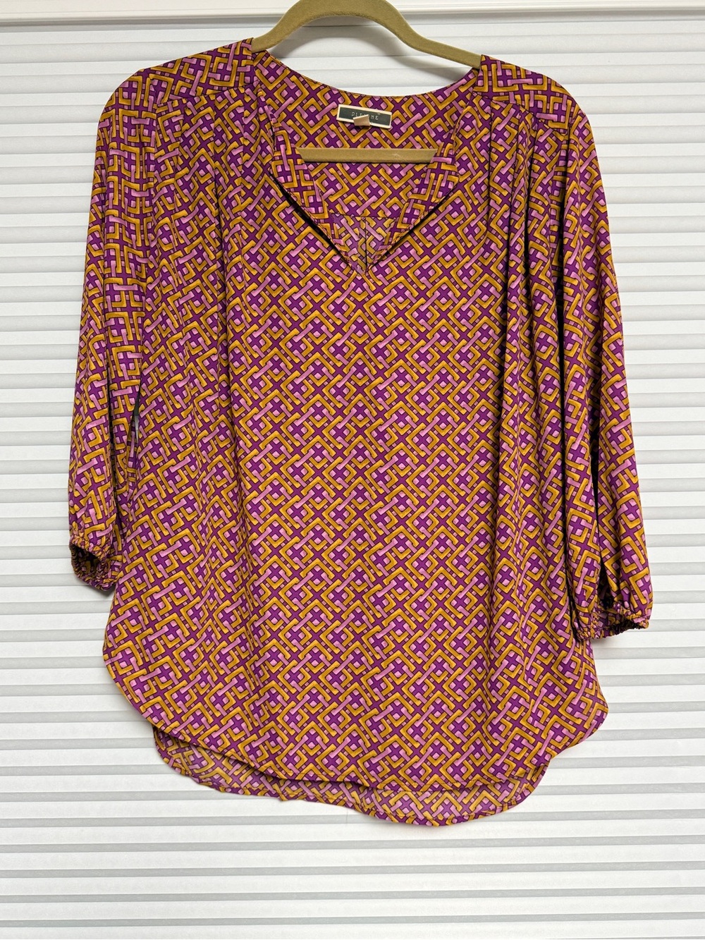 Pleione Pink & Gold Geometric V-Neck Blouse